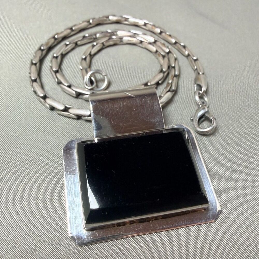 Vintage Mexican Modernist Sterling Silver & Black Onyx Slide Pendant & Necklace